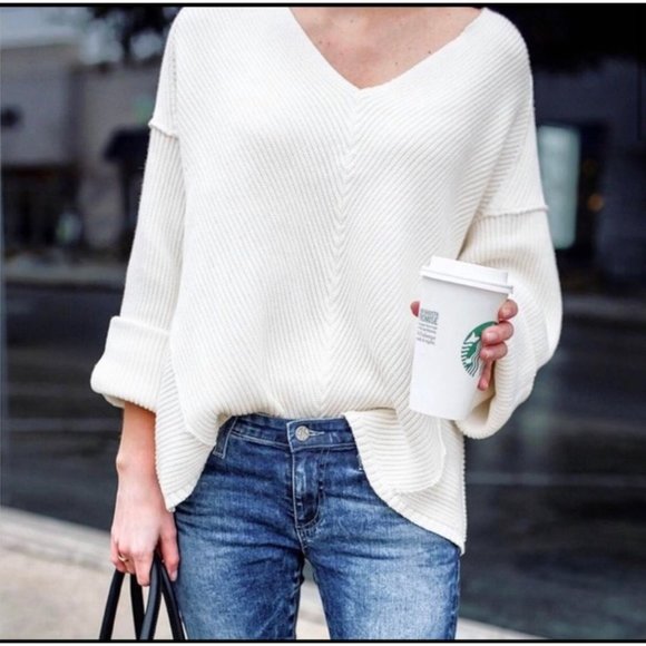 Free People La Brea V Neck Heavy Knit Pullover Off‎ White Sweater Small - Picture 7 of 7